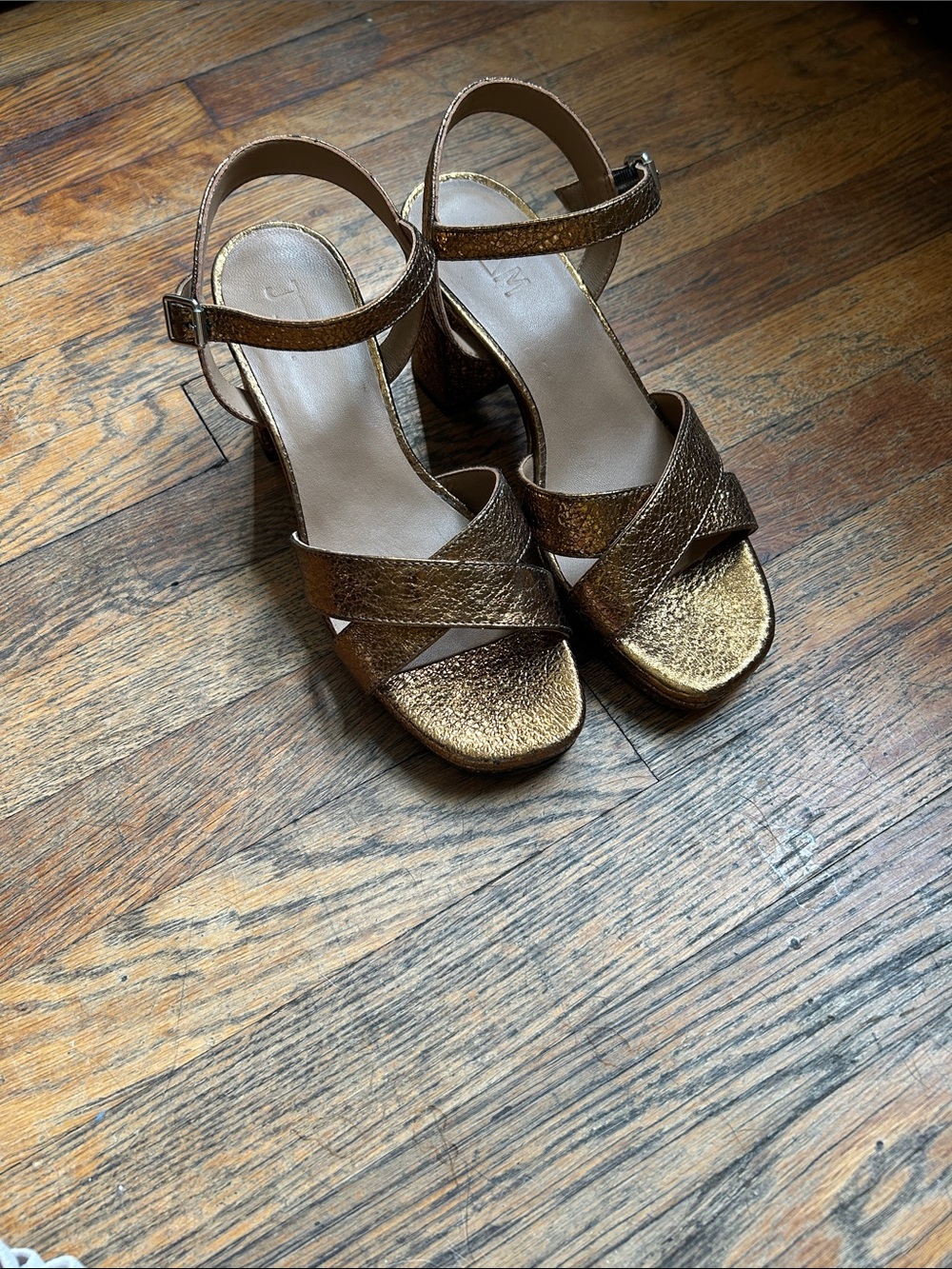 Gold Metallic Women's Ankle-Strap Block Heel Sandals